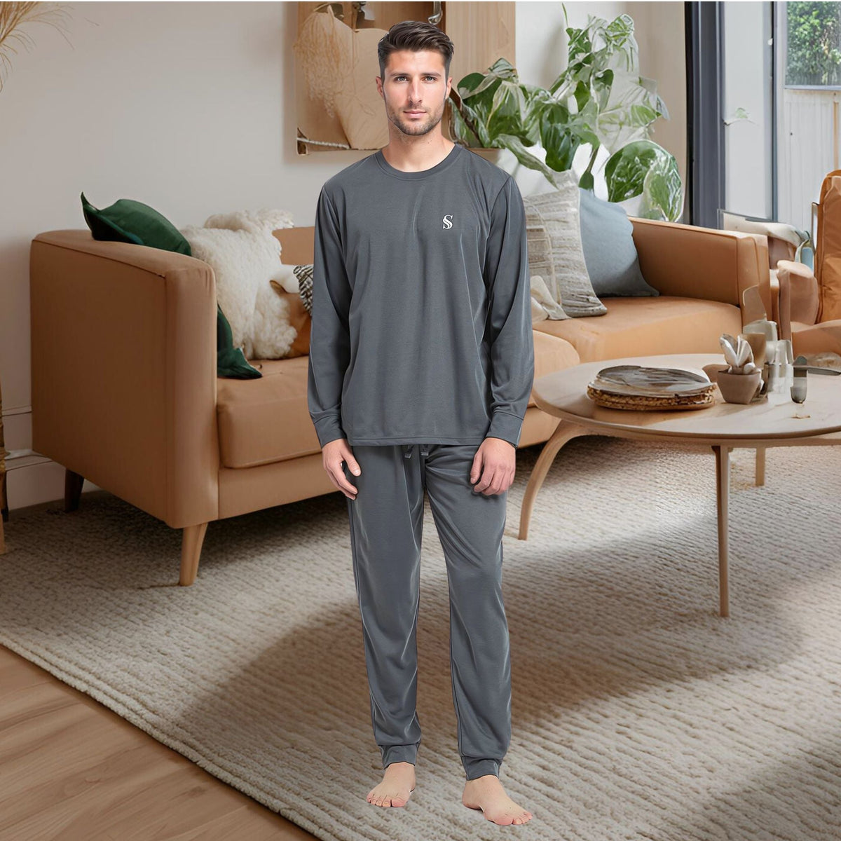 Dark Grey Pyjama Sets Long Sleeve Jogger Style Men Comfy Pj's. - SaneShoppe