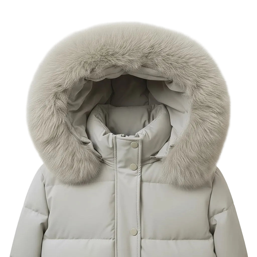 A close-up of a light gray puffer jacket featuring a large, fluffy light beige faux-fur hood trim, shown against a plain white background.