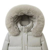 A close-up of a light gray puffer jacket featuring a large, fluffy light beige faux-fur hood trim, shown against a plain white background.