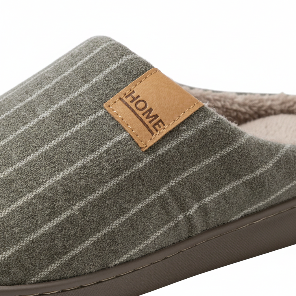 A close-up of a slip-on mule slipper in textured gray fabric with thin white stripes, featuring a tan faux-leather brand patch that reads HOME and a soft fleece lining.