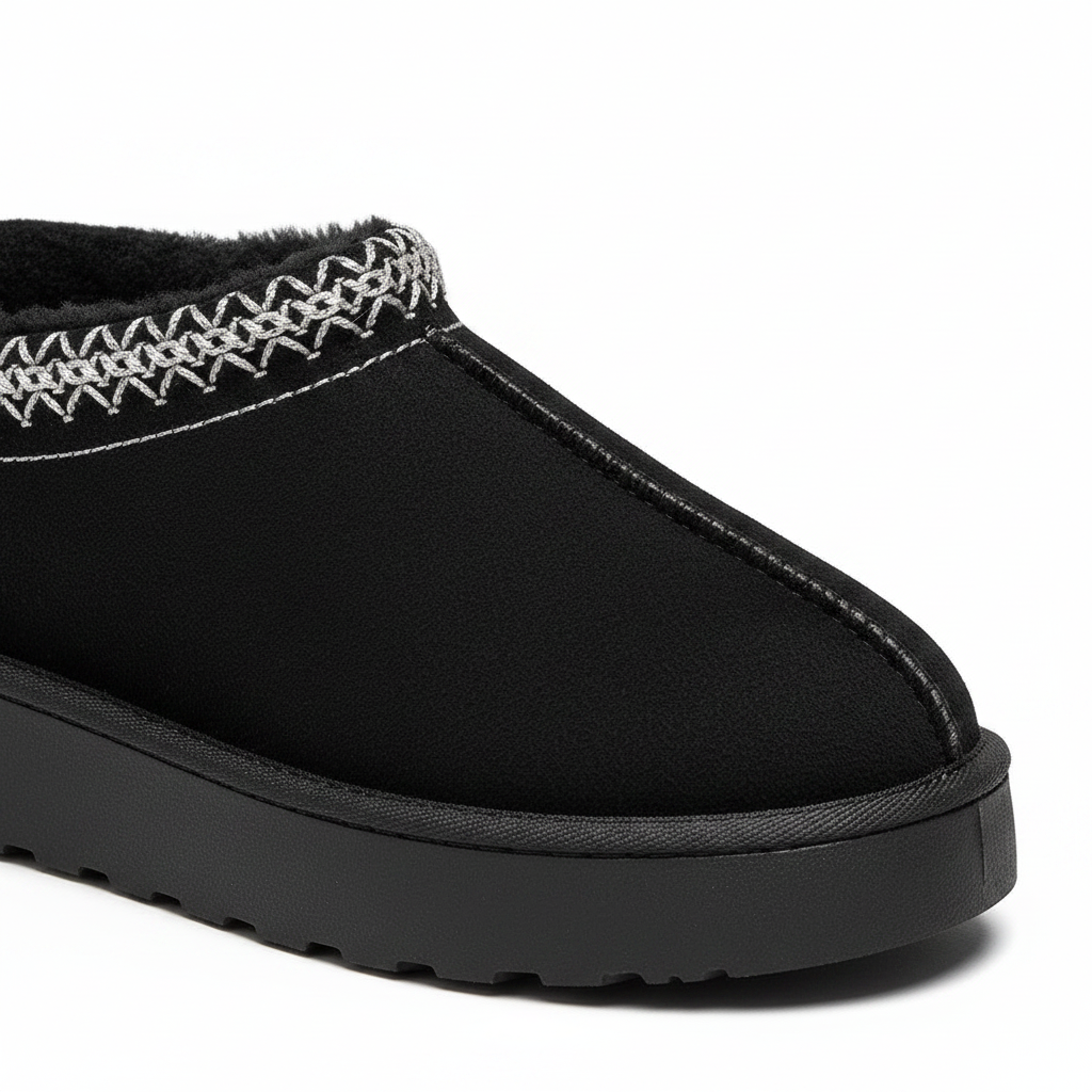 A close-up of a black slip-on mule boot with a thick black platform sole and a decorative white zigzag stitched trim around the collar, set against a plain white background.