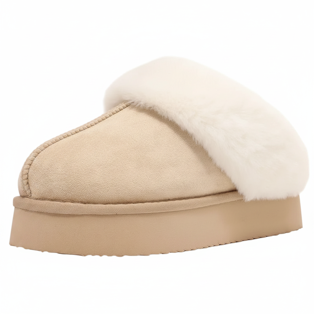 A single slip-on clog-style slipper in light beige suede with a thick platform sole and a fluffy off-white faux-fur trim, shown on a plain white background.