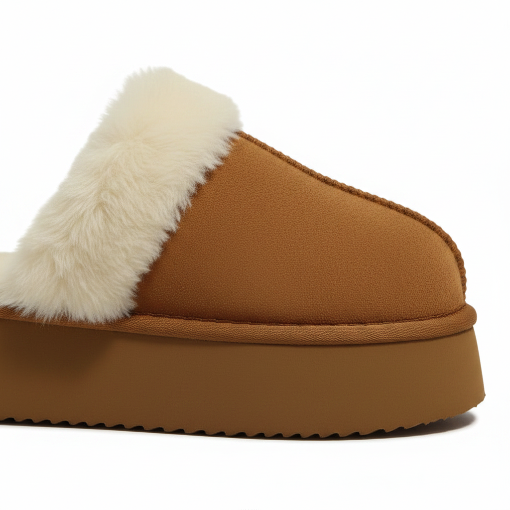 A close-up of a slip-on clog-style bootie with a warm tan-brown suede-like upper, thick matching platform sole, and fluffy off-white faux-fur trim along the side, shown on a clean white background.