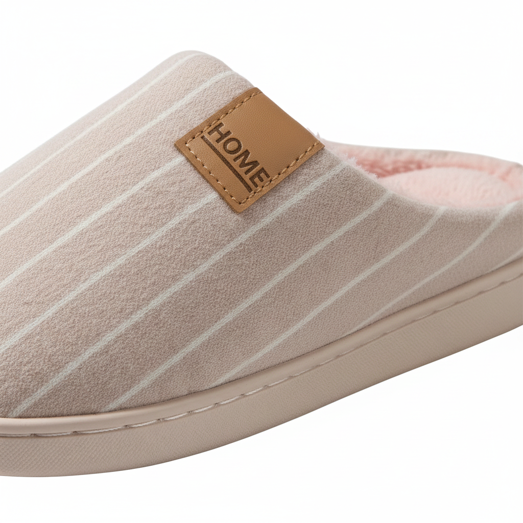 A close-up of a slip-on house slipper with a beige and white striped upper, a tan faux-leather brand patch reading 'HOME', and a light pink fleece lining visible at the opening.