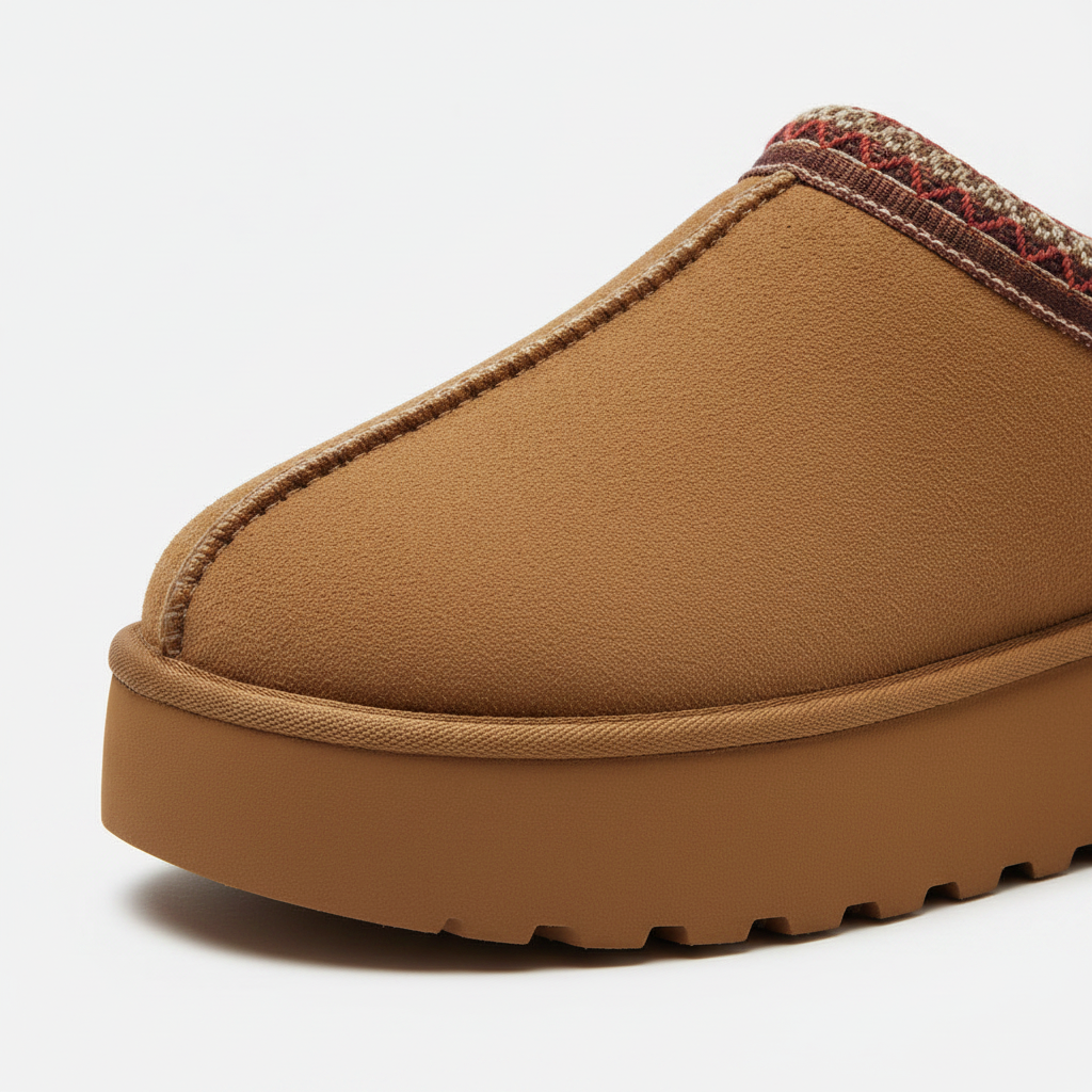A close-up of a brown slip-on clog-style boot with a thick lug sole and a patterned knit trim visible at the opening, photographed on a clean white background.