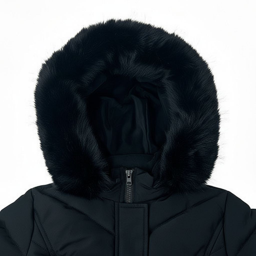 A close-up of a black puffer jacket featuring a large, fluffy black faux-fur hood trim and a front zipper, set against a plain white background.
