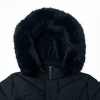 A close-up of a black puffer jacket featuring a large, fluffy black faux-fur hood trim and a front zipper, set against a plain white background.