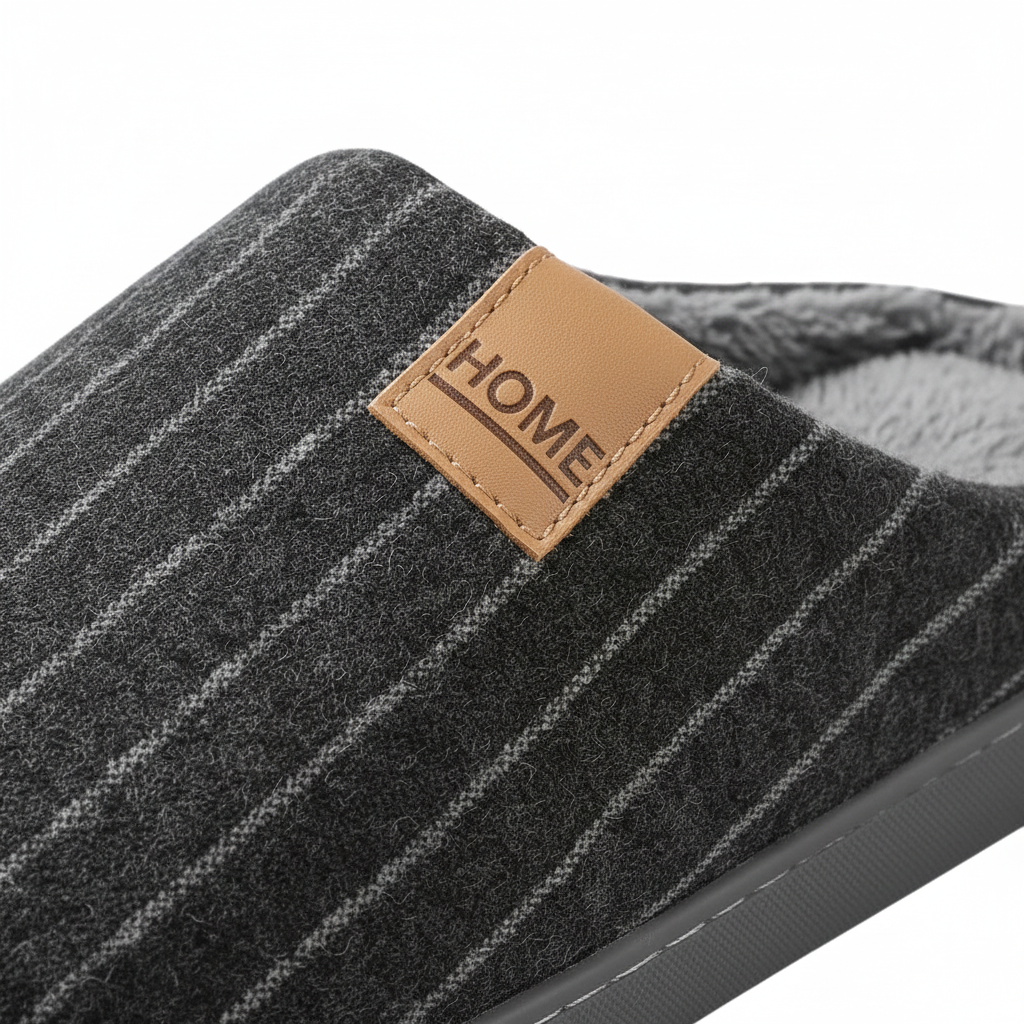 Close-up of a dark gray pinstriped slippershare with a tan faux-leather brand patch reading 'HOME'.