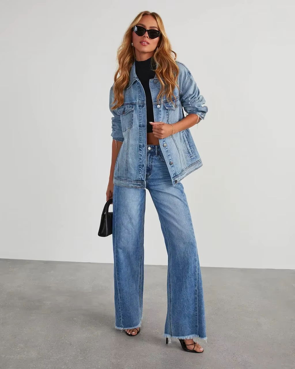 Wide Leg Pants Women Splice Casual Loose Jeans Pockets Button Mid Waist Regular Straight Denim Long Trousers