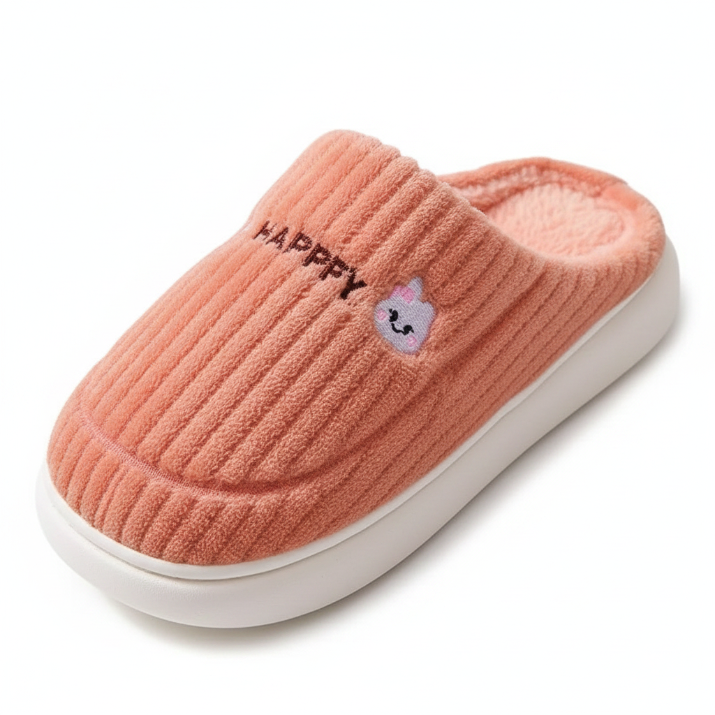 A single pink ribbed knit slip-on house slipper with a white sole, featuring the word 'HAPPY' and a small bunny face embroidered on the side, set against a plain white background.