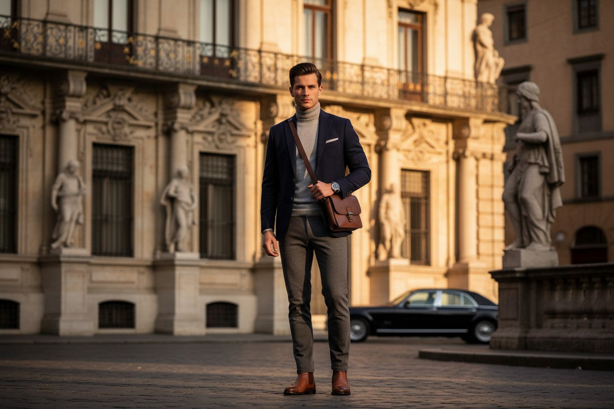 A man stands in an outdoor urban plaza wearing a navy blazer, gray turtleneck, olive-gray trousers, and brown leather shoes, with a brown leather crossbody bag slung over his shoulder. A large classical building with statues and windows is behind him, along with a dark car.