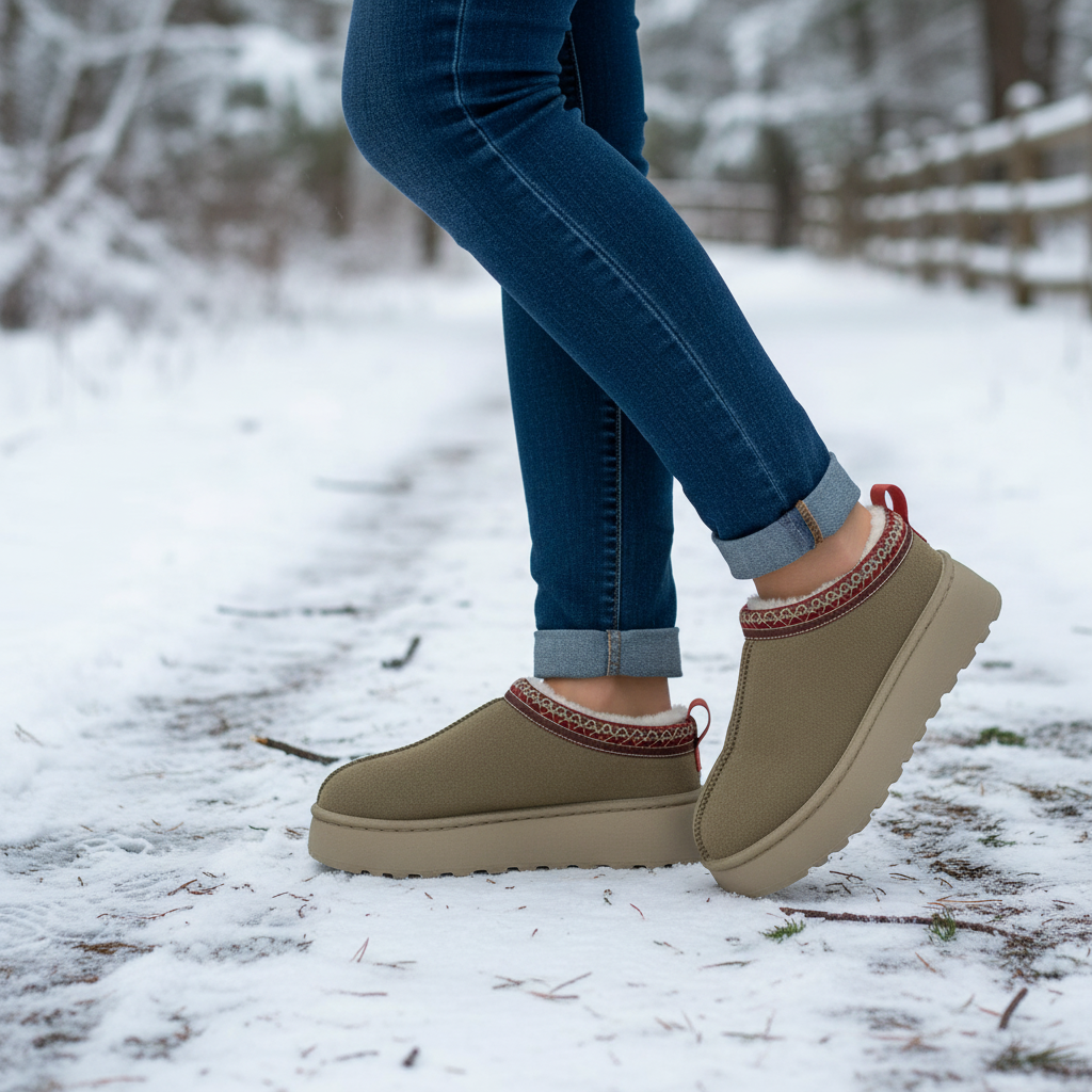 A person wearing olive green platform slipper boots with a red and white patterned trim, standing on a snowy path in a wooded outdoor setting.