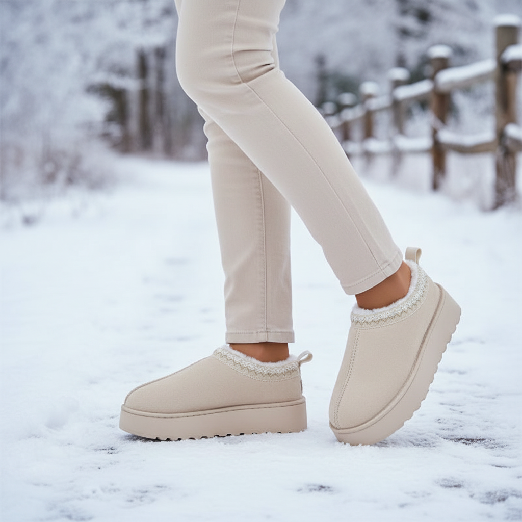 A person wearing beige ankle-length slip-on platform boots with white lace trim and white fleece lining, standing in a snowy outdoor setting with a wooden fence in the background.