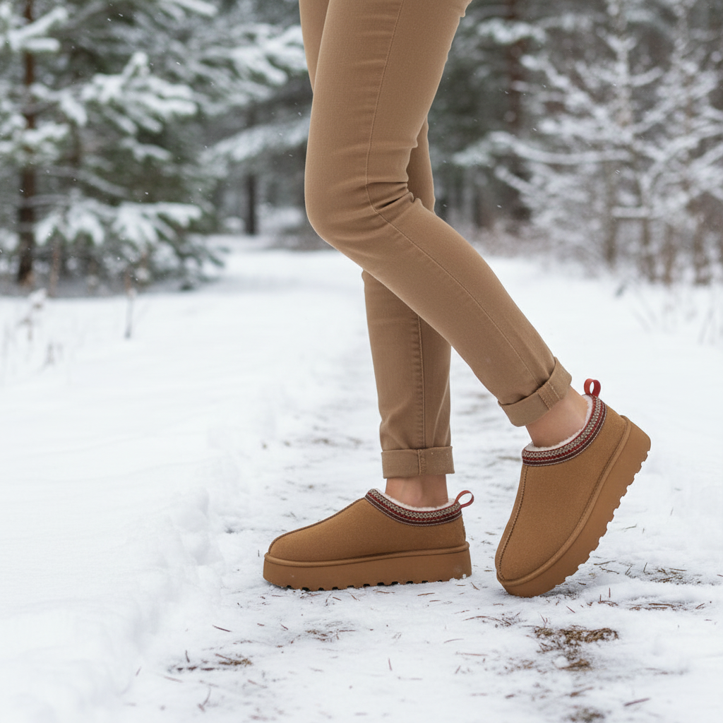 A person wearing tan winter slippers with red trim and brown platform soles, standing in a snowy forest path.