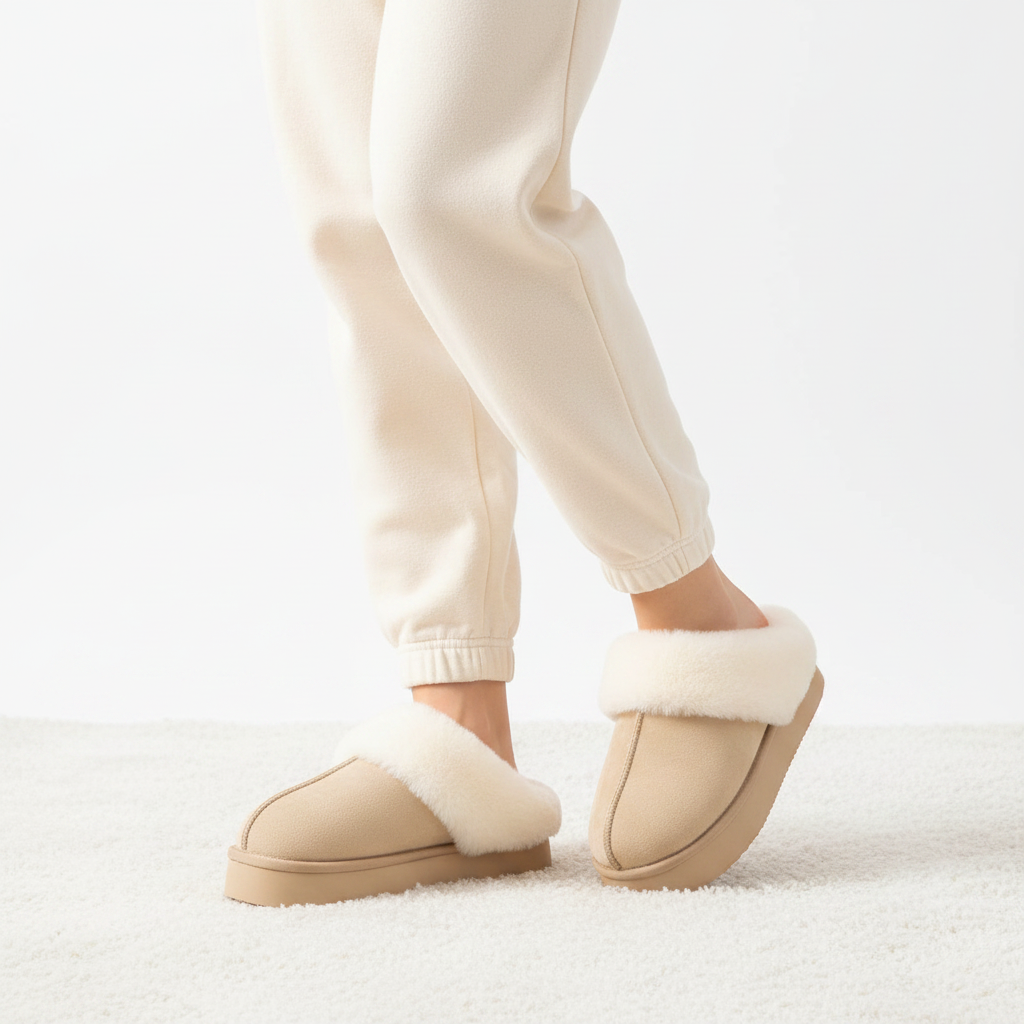 A person wearing beige slip-on slippers with white faux-fur trim, paired with cream jogger pants, standing on a white textured rug against a white background.