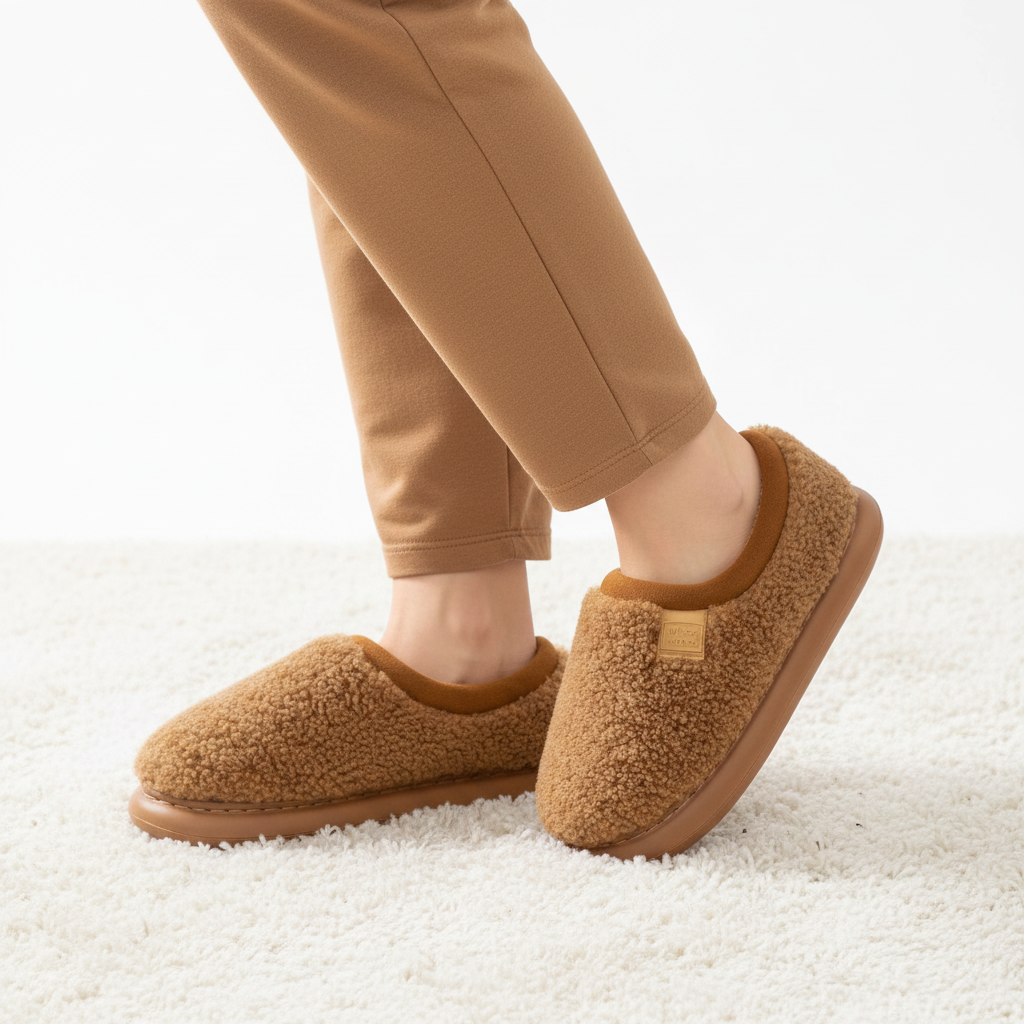 A person wearing tan fleece slip-on slippers with matching tan pants, standing on a white shag rug against a clean white background.