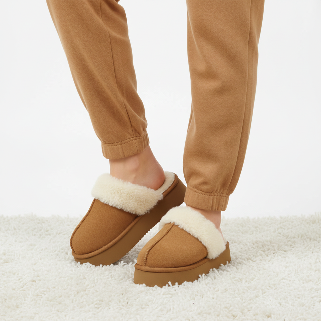 A person wearing tan fleece-lined slip-on slippers with platform soles, paired with tan jogger pants, standing on a white shag rug against a white studio background.