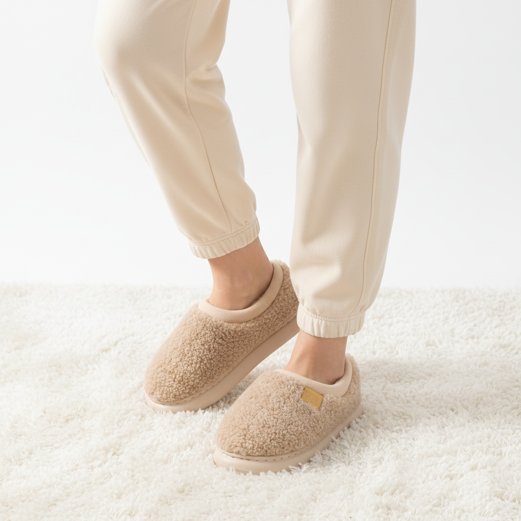 A person wearing beige sherpa slip-on slippers with cream jogger pants, standing on a white shag rug.