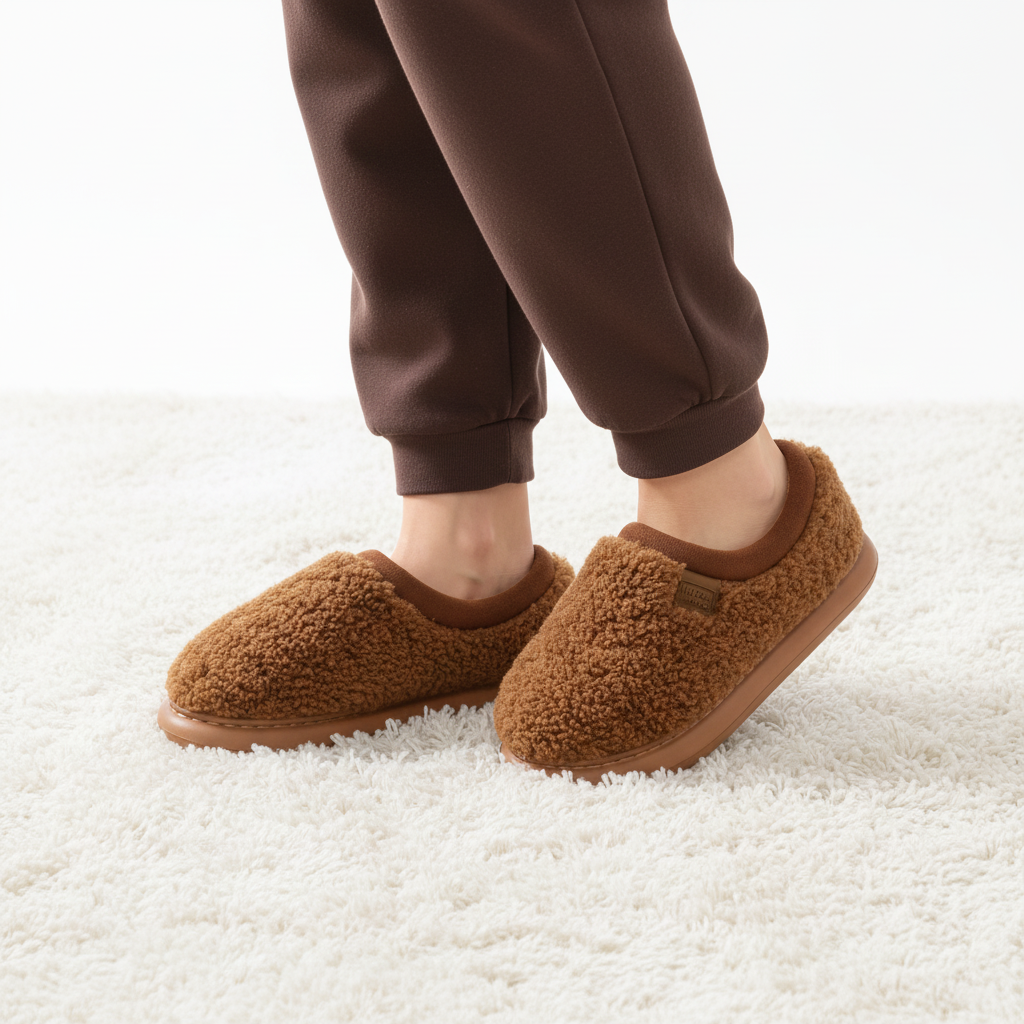 Brown sherpa fleece slip-on slippers worn with matching brown jogger pants, standing on a white shag rug.