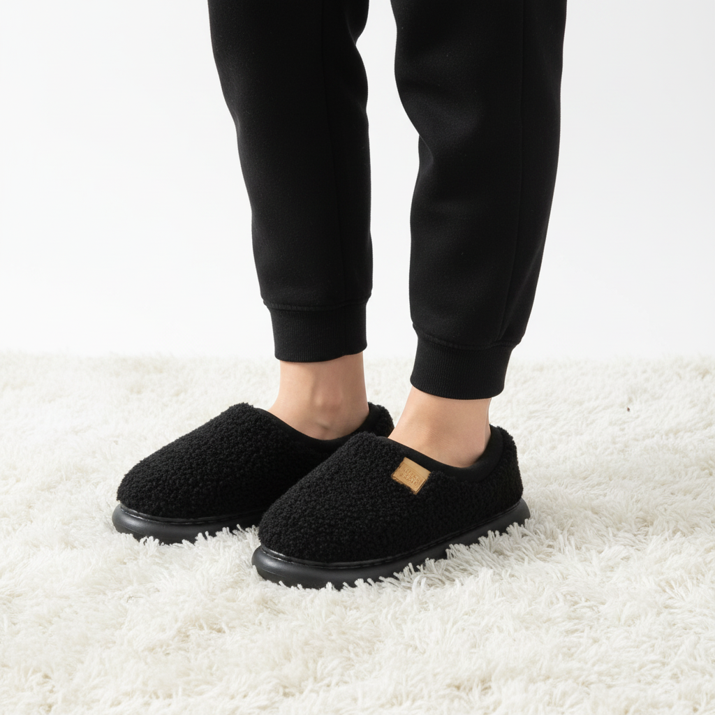 A person wearing black fleece slip-on slippers with black jogger pants, standing on a white shag rug.