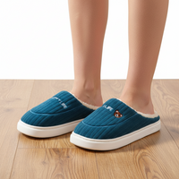 A person wearing teal ribbed slip-on slippers with white fleece lining and white soles, standing on a light wood floor against a white wall.