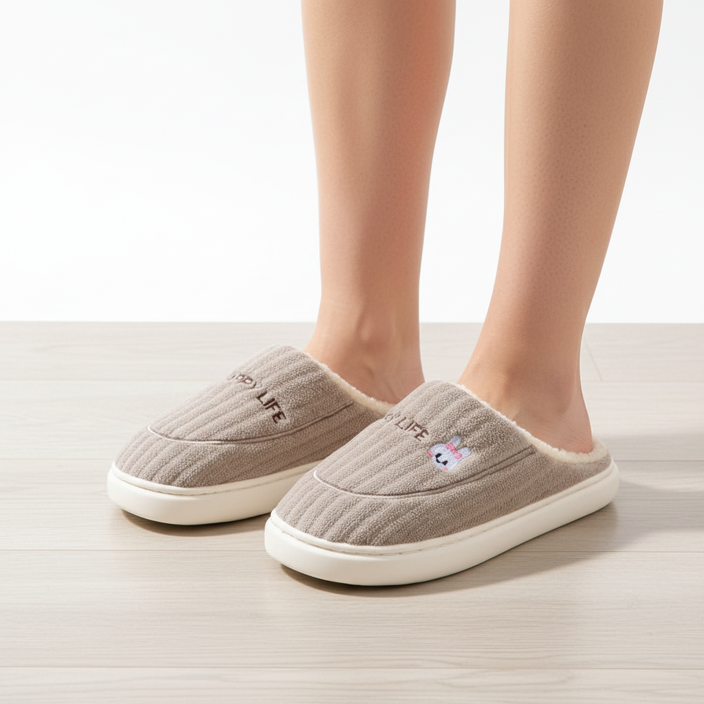 A person wearing taupe ribbed slip-on slippers with white faux-fur lining and a small embroidered cartoon face on the front, standing on a light wood floor against a white wall.