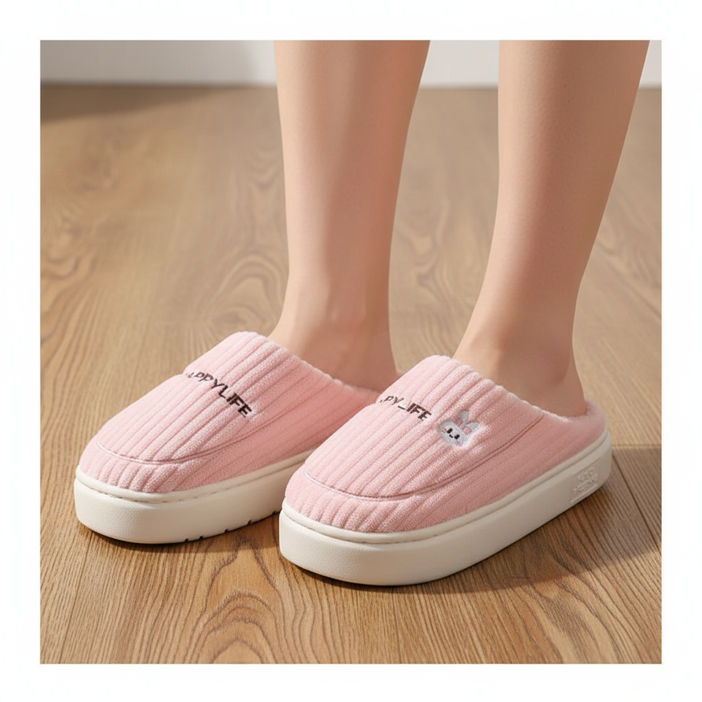 A pair of pink ribbed slip-on mule slippers with white soles, shown being worn on a person's feet over a light wood floor. The left slipper has black embroidered text, and the right slipper has a small embroidered bunny face.