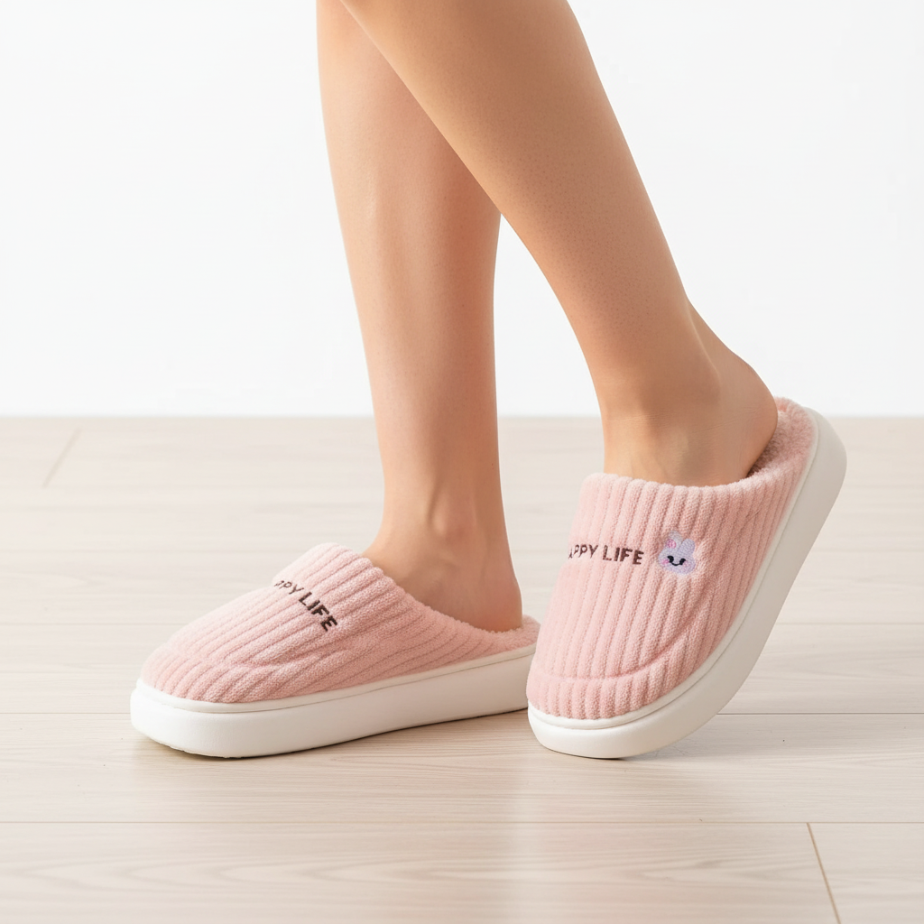 A person wearing a pair of pink ribbed slip-on house slippers with white soles, standing on a light wood floor against a white wall.