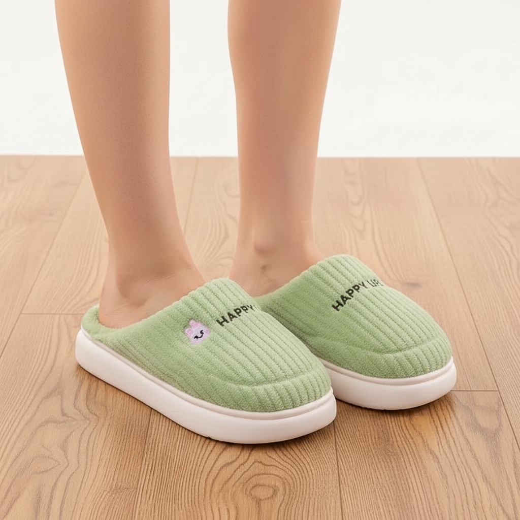 A person wearing light green ribbed slip-on slippers with white soles, standing on a light wood floor. The slippers have black embroidered 'HAPPY' text and a small purple cartoon face on the side.