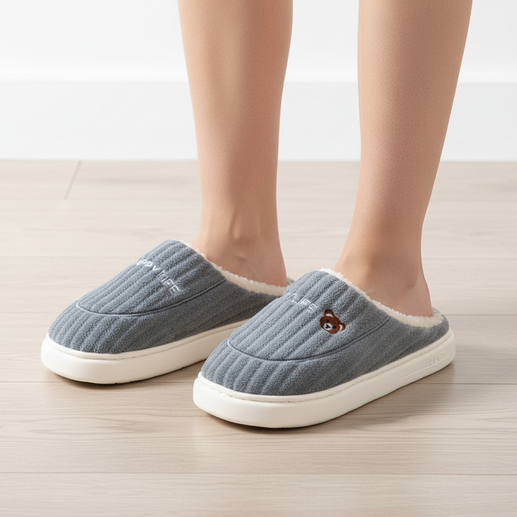 A person wearing a pair of gray ribbed slip-on slippers with white fleece lining and a small embroidered bear face on the front, standing on a light wood floor.