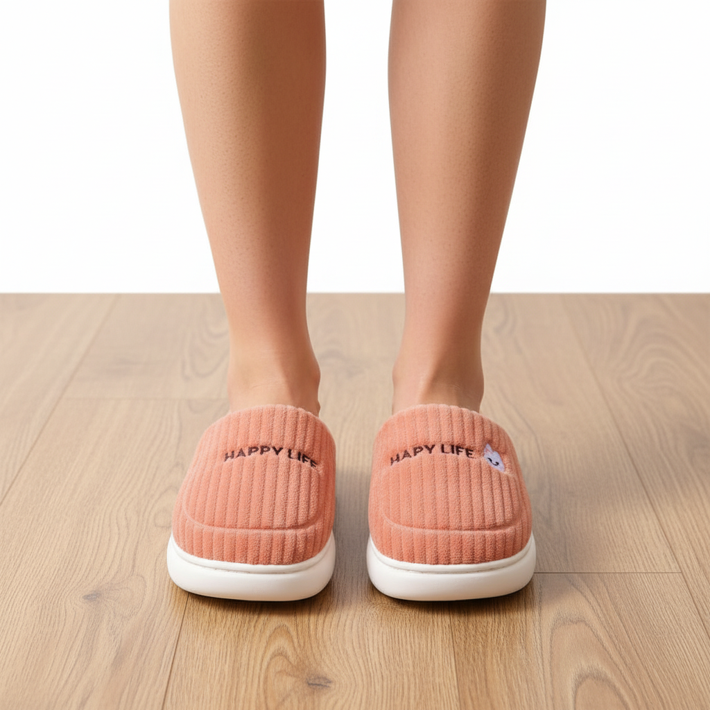 A person wearing ribbed peach-pink slip-on slippers with white soles, standing on a light wood floor against a white background. The slippers have 'HAPPY LIFE' embroidered on the top.