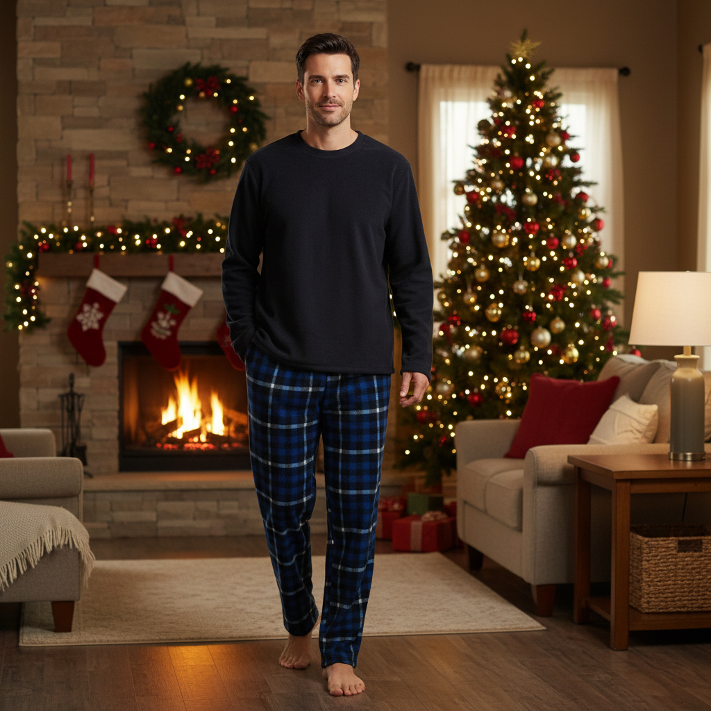 A man stands barefoot in a cozy living room wearing a dark navy long-sleeve top and blue plaid pajama pants. The room is decorated for Christmas with a lit fireplace, stockings, wreath, and a decorated tree in the background.