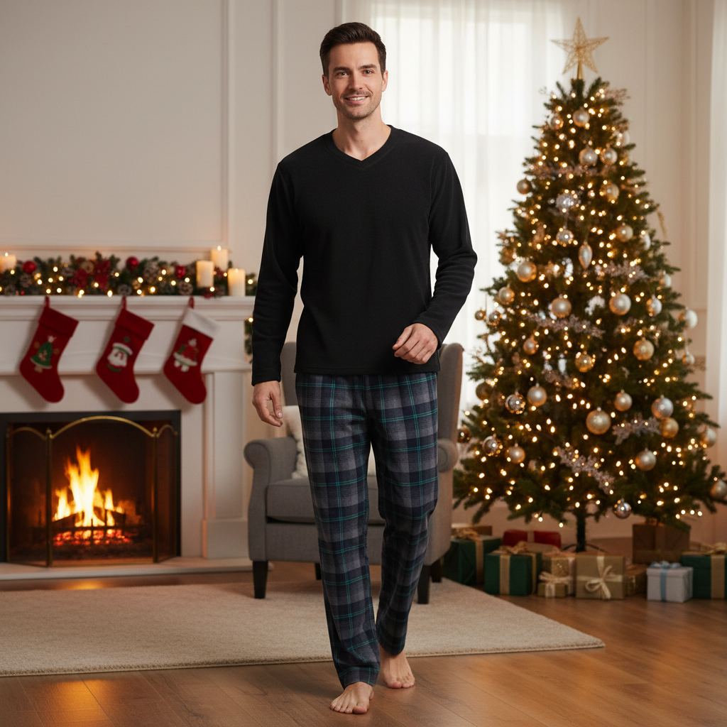 A man wearing a black long-sleeve V-neck shirt and dark blue plaid pajama pants stands barefoot in a cozy living room decorated for Christmas, with a fireplace, stockings, and a lit tree in the background.