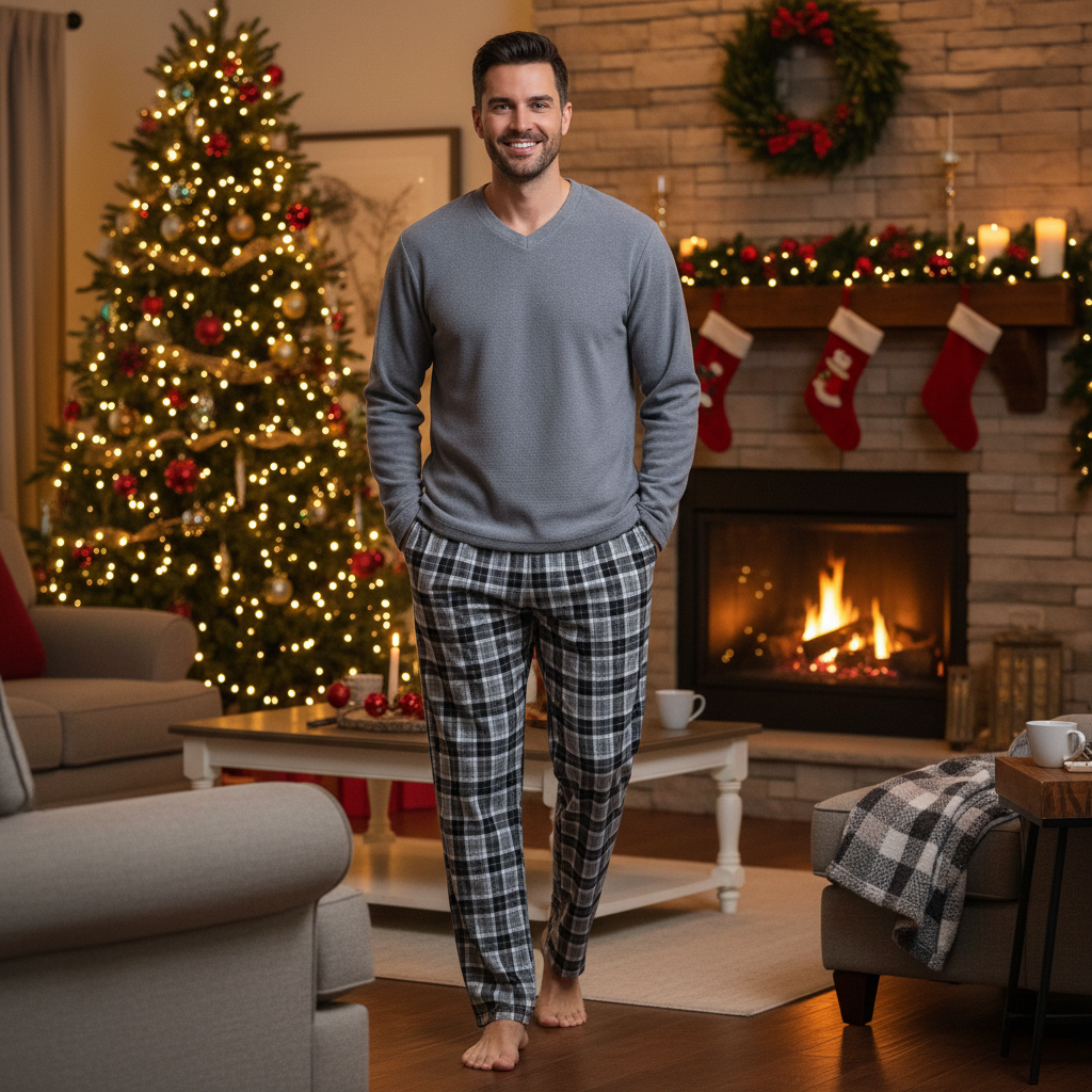 A man stands barefoot in a cozy living room wearing a gray long-sleeve V-neck sweater and plaid pajama pants. The background features a decorated Christmas tree, a lit fireplace with stockings on the mantel, and holiday decor.