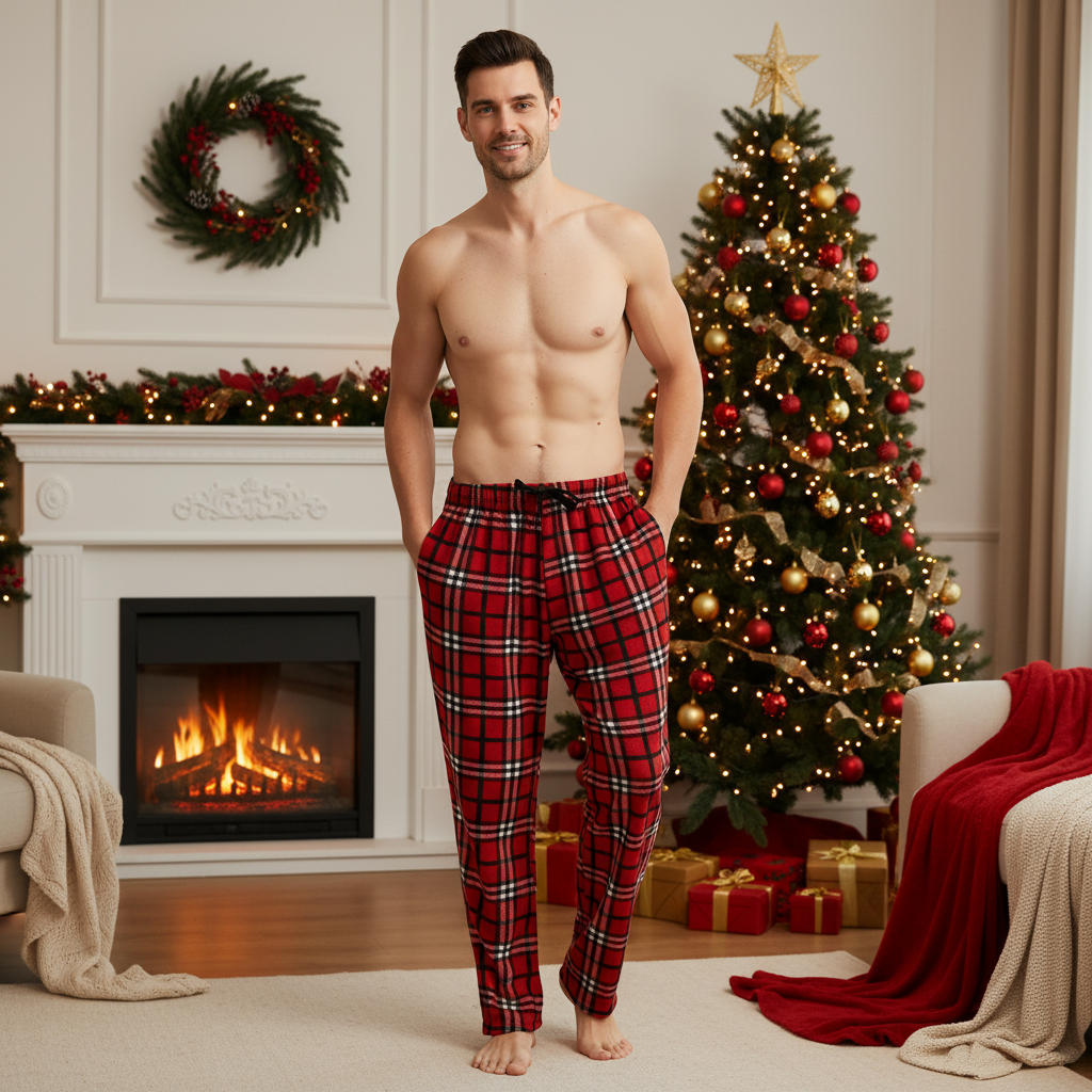 A shirtless man stands barefoot in a living room wearing red and black plaid pajama pants, with a decorated Christmas tree, fireplace, wreath, and holiday gifts in the background.