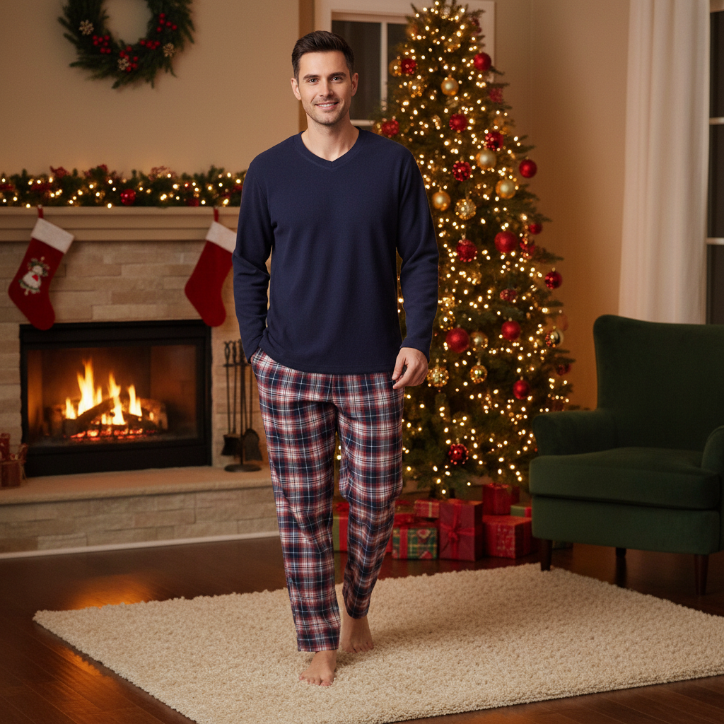 A man stands barefoot in a cozy living room wearing a navy long-sleeve V-neck shirt and plaid pajama pants with red, blue, and white tones. A decorated Christmas tree, fireplace, stockings, and green armchair are visible in the background.