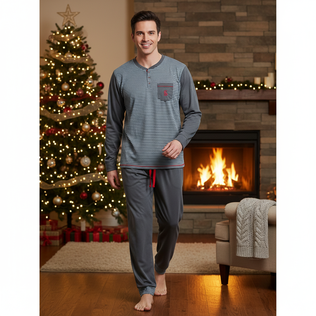 A man stands barefoot in a cozy living room wearing a gray long-sleeve striped pajama top with a chest pocket and matching gray pants. A decorated Christmas tree, fireplace, and armchair are visible in the background.