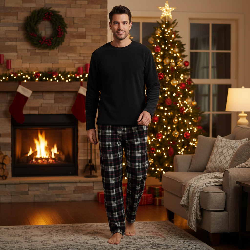 A man stands barefoot in a cozy living room wearing a black long-sleeve shirt and dark plaid pajama pants. The room has a lit fireplace, stockings, a decorated Christmas tree, and a sofa in the background.