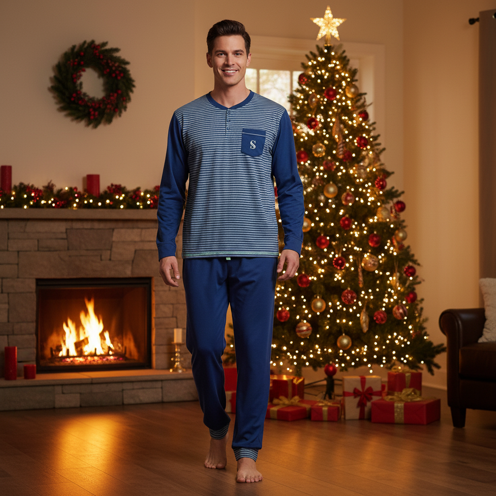 A man wearing a blue and navy striped long-sleeve henley pajama set with matching pants stands barefoot in a cozy living room decorated for Christmas, with a lit fireplace, wreath, and decorated tree in the background.