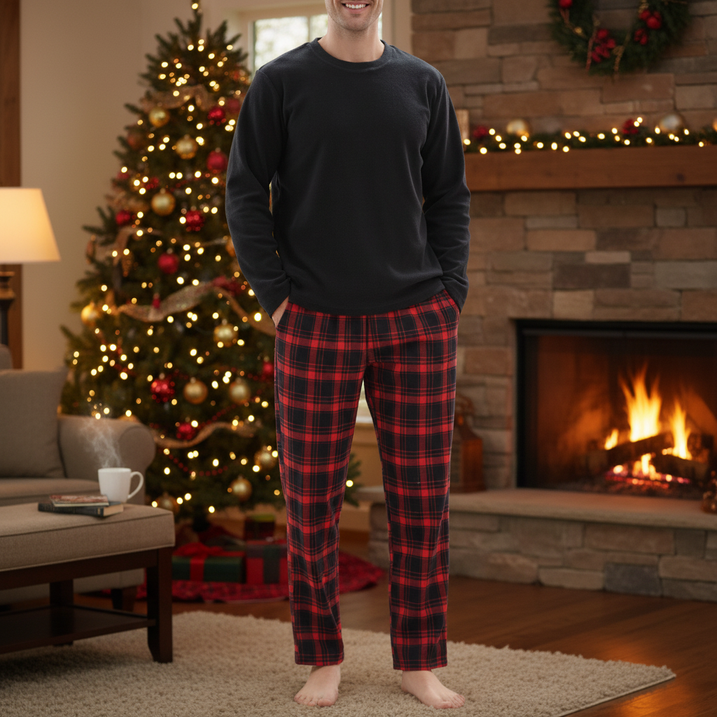 A man stands barefoot in a cozy living room wearing dark charcoal long-sleeve pajama top and red and black plaid pajama pants, with a decorated Christmas tree and fireplace in the background.