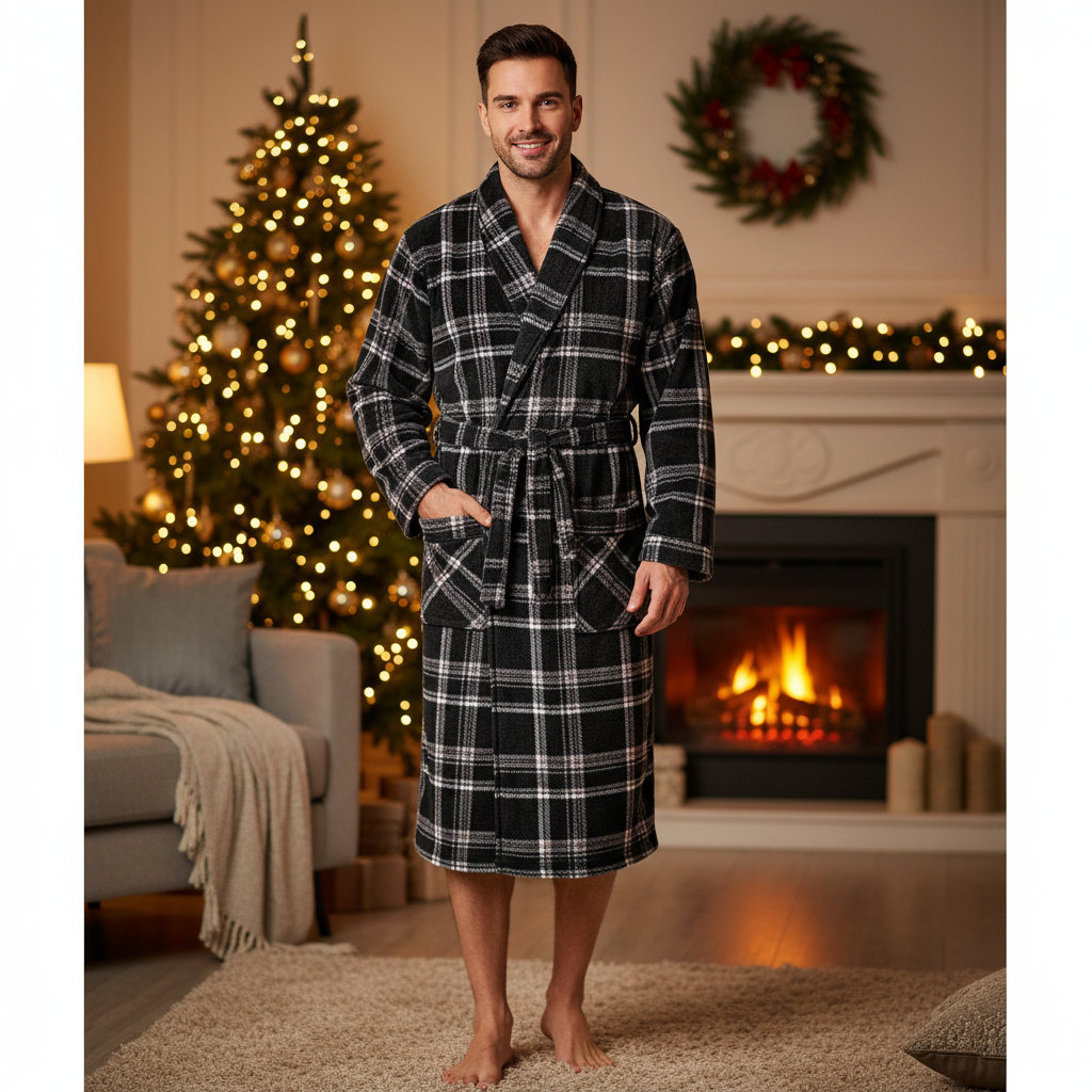 A man wearing a black and white plaid holiday robe stands barefoot in a cozy living room with a lit fireplace, Christmas tree, and wreath in the background.