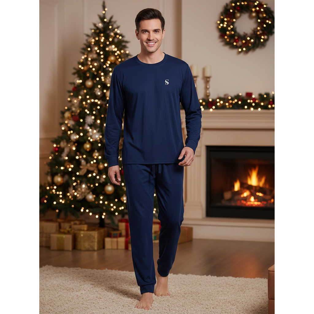A man wearing a navy blue long-sleeve pajama set with matching pants stands barefoot in a cozy living room decorated for Christmas, with a lit fireplace and a decorated tree in the background.