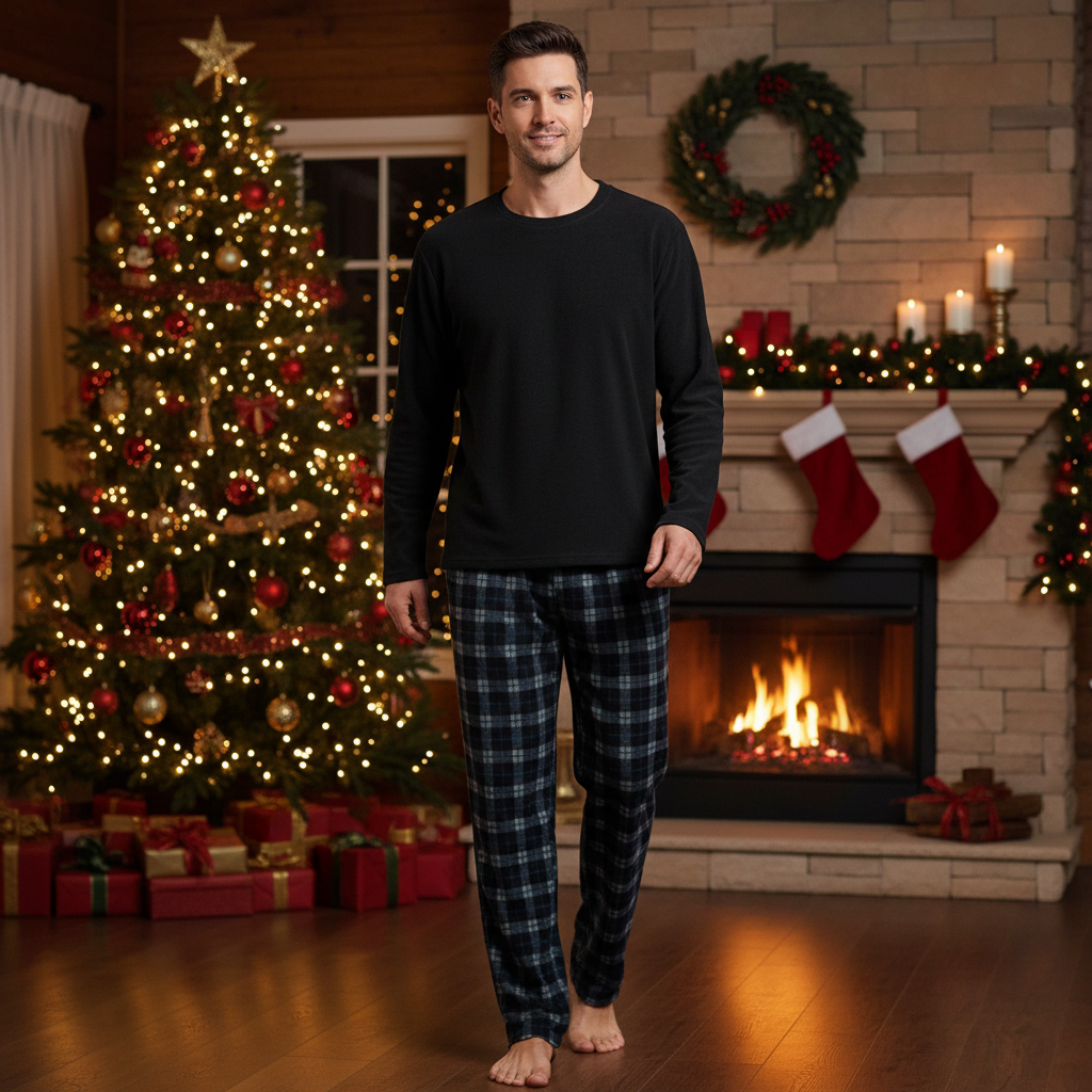 A man stands barefoot in a cozy holiday living room wearing a black long-sleeve crewneck shirt and dark blue plaid pajama pants. A decorated Christmas tree with warm lights, a fireplace with stockings, and wrapped gifts are visible in the background.