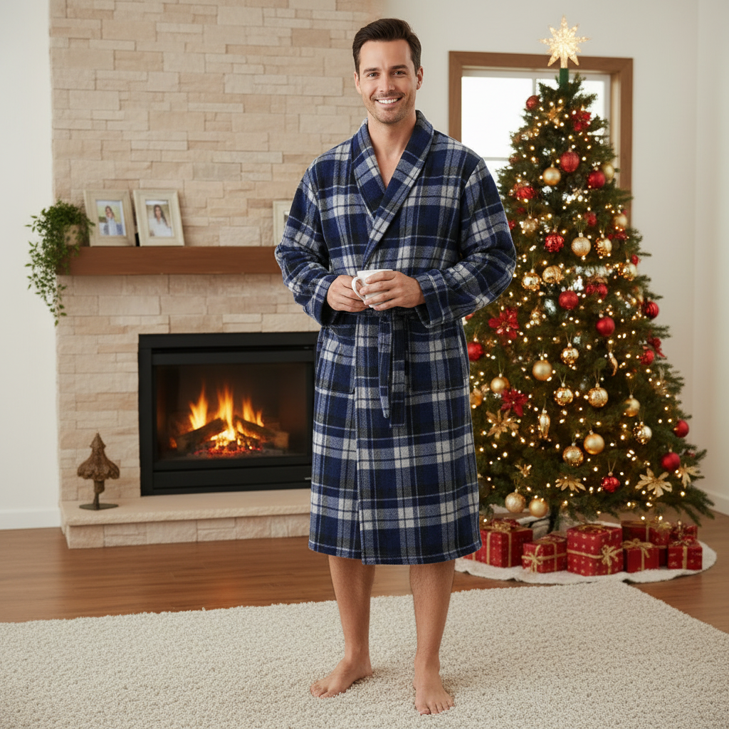 A man wearing a blue and white plaid bathrobe stands barefoot in a living room in front of a fireplace and a decorated Christmas tree.