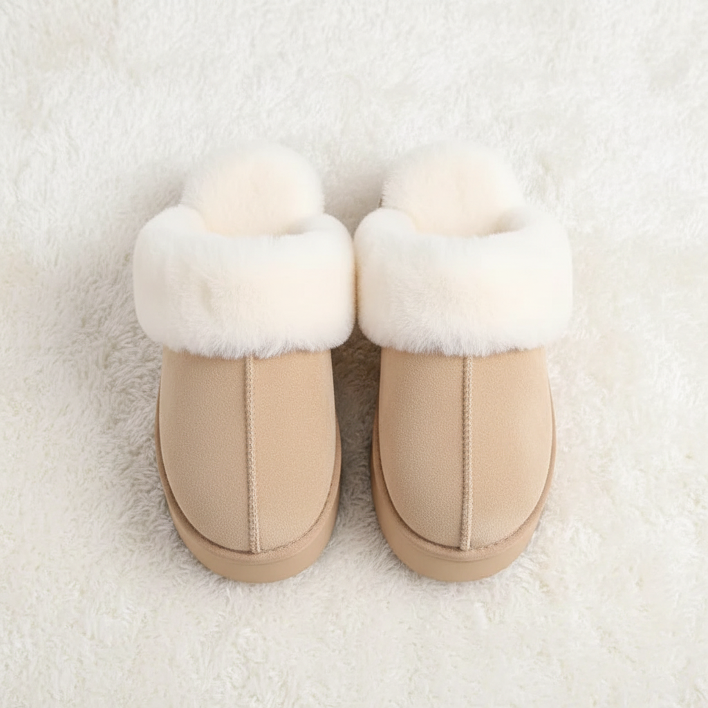 A pair of beige slip-on winter boots with thick white faux-fur trim, photographed from above on a white textured rug.