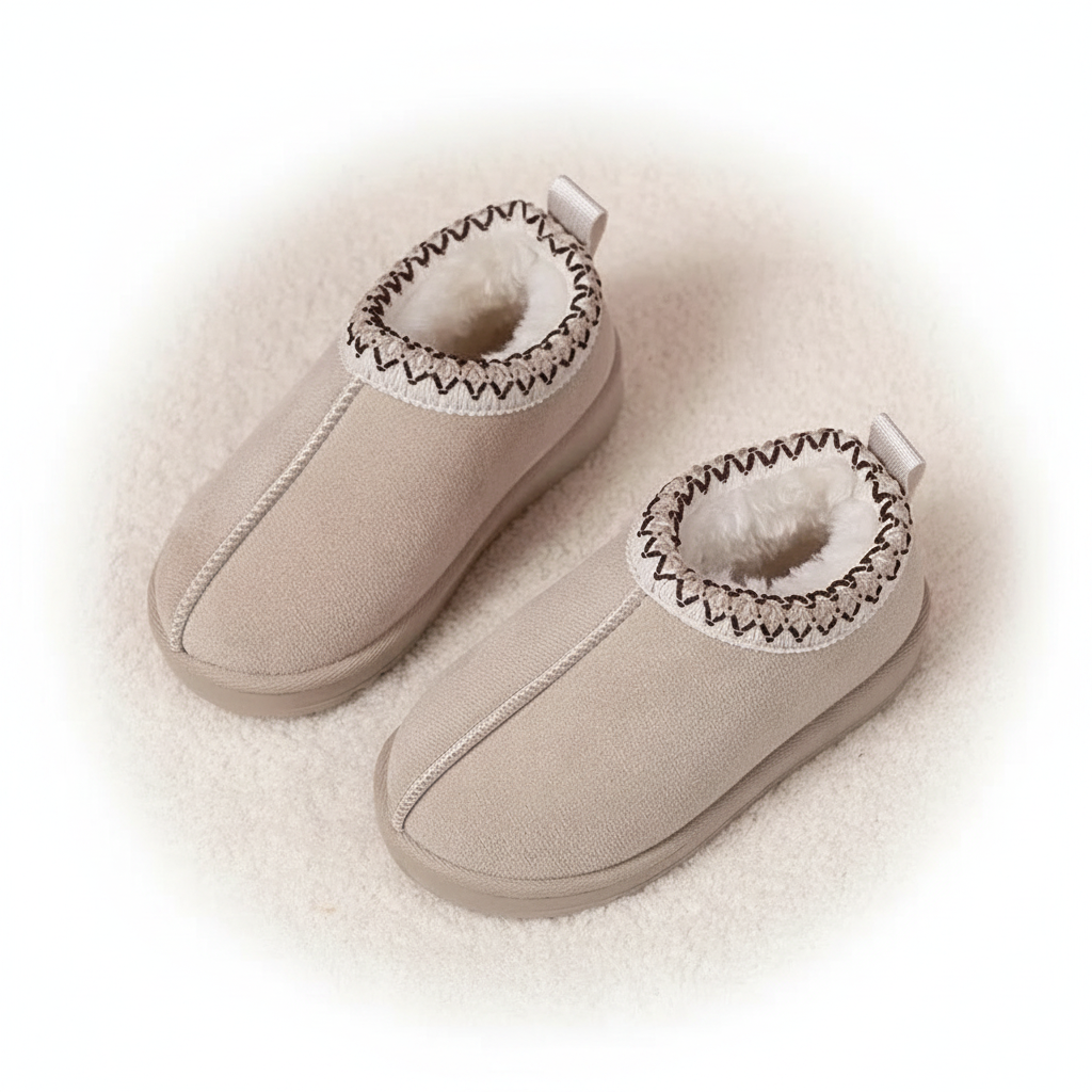 A pair of beige slip-on baby booties with white faux-fur lining and a decorative zigzag stitched trim around the collar, displayed on a soft white textured surface.
