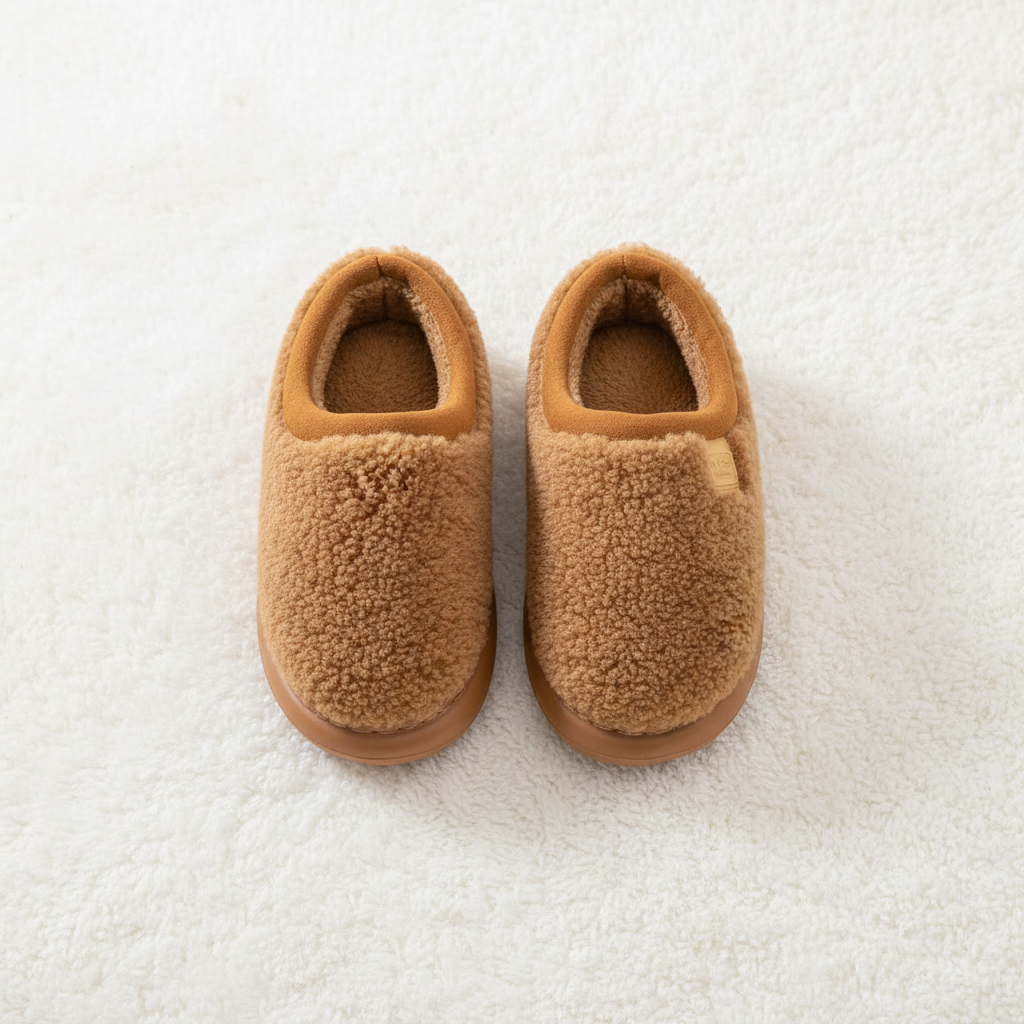 A pair of tan sherpa fleece slipper shoes with brown soles, photographed from a top-down view on a white textured background.
