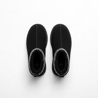 A pair of black UGG slip-on ankle boots with white contrast stitching around the collar, shown from a top-down view on a white background.
