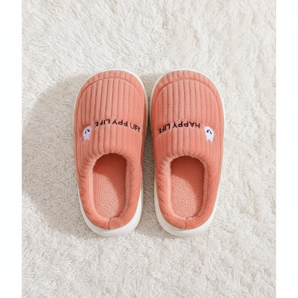 A pair of pink ribbed slip-on house slippers with white soles, placed on a white textured rug. Each slipper has a small embroidered cartoon face and the text 'HAPPY LIFE' in black.