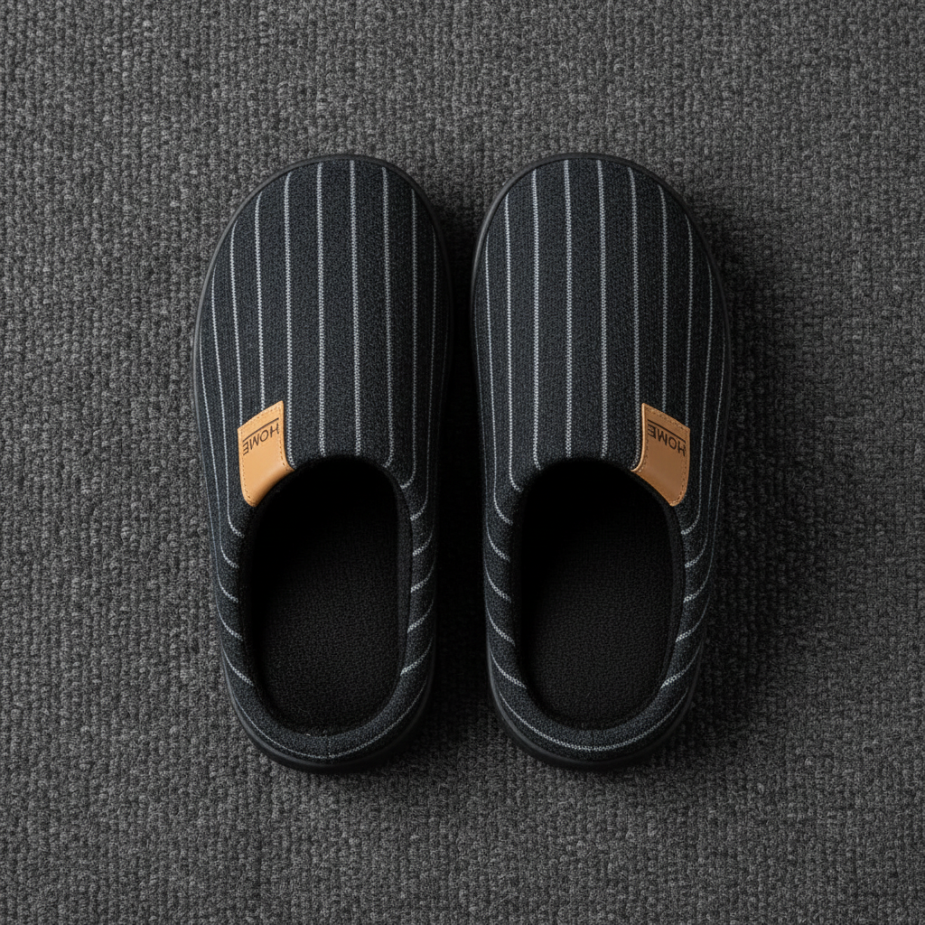 A pair of black slip-on slippers with thin white vertical pinstripes and tan brand patches, photographed from above on a dark gray textured carpet.